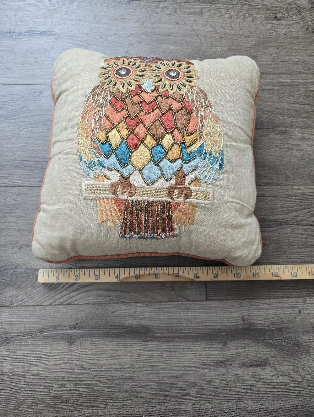 Pier 1 Accent Pillow Owl Embroidered Beaded Neutral Colors Fall